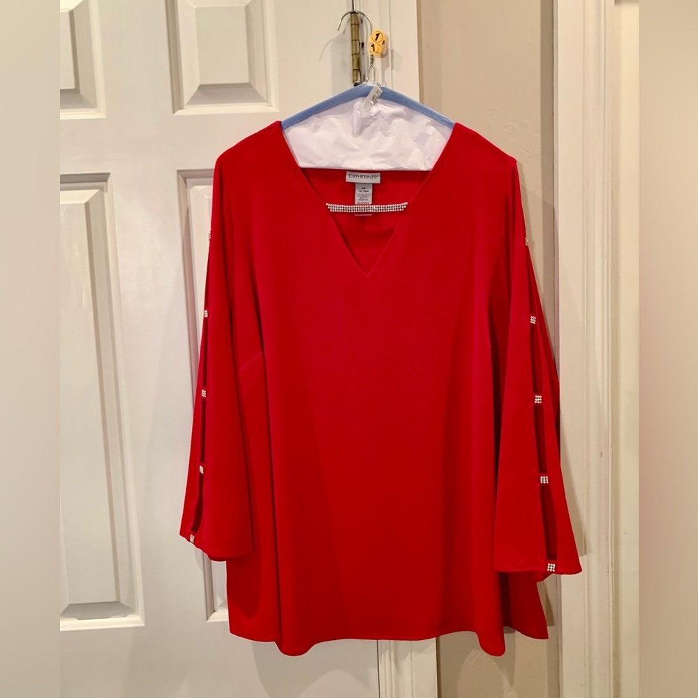 Red Long Sleeve Blouse With Rhinestones Across The Neck And Down The Sleeves